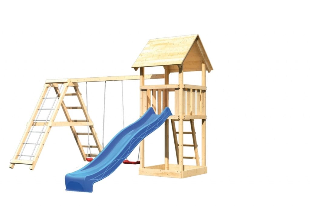 Игровая деревянная башня Изео М с качелями на 2 места гимнастическая лестница синяя горка на белом фоне.jpg